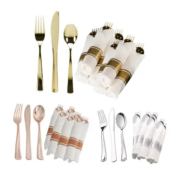 

25pcs Rose Gold Silver Plastic Dinnerware Disposable Spoons Fork Knives Napkin Set Wedding Party Birthday New Year Supplies