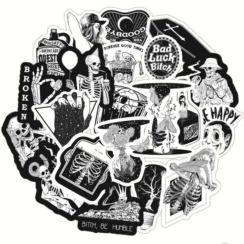 10/30/50PCS Cool Black and White Gothic Skull Stickers Aesthetic Laptop Bike Skateboard Waterproof Graffiti Sticker Pack Kid Toy