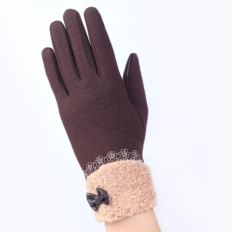 Elifashion, новинка, женские теплые перчатки, сенсорный экран, варежки, толстые, на запястье, короткие, бархатные, для женщин, бархат и бант, Dec., перчатки для вождения - Цвет: brown