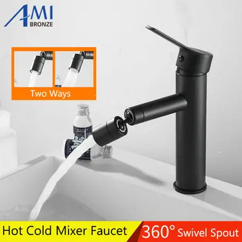 

Amibronze Basin Faucet Black / Chrome Bathroom Basin Sink Tap 304 Stainless Steel Mixer Hot Cold Tap Crane