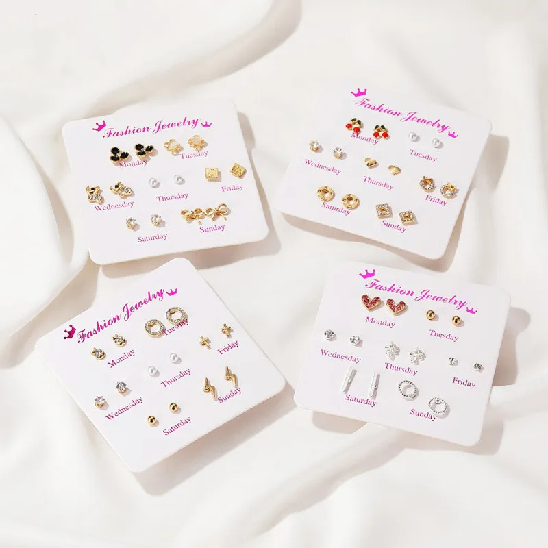 Women Heart Star Mini Earrings Set Fashion Girl Small Jewelry Square Leaf Pearl 7-pairs Stud Earring Sets Lady Mini серьги