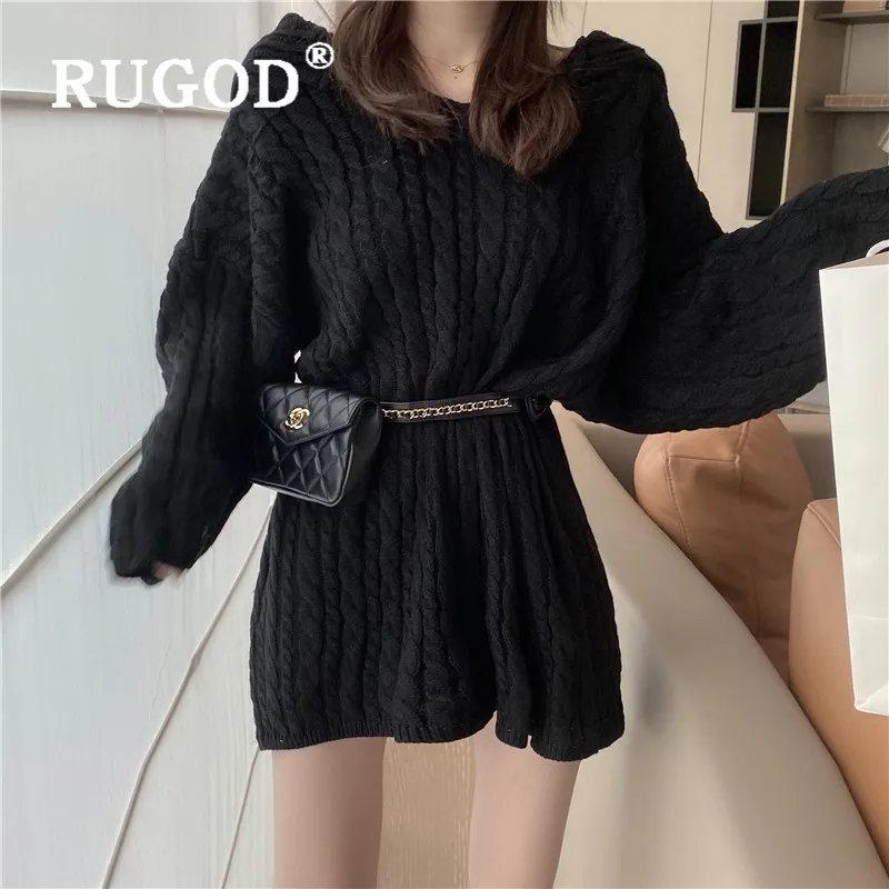 RUGOD, Осень-зима, стиль, шикарный, винтажный, утолщенный свитер с капюшоном, с поясом, негабаритный, трикотаж, Kpop, модная одежда