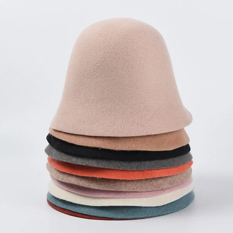 

Bucket hat female autumn and winter new woolen fisherman hat Japanese pure color wild elegant top hat Korean felt hat