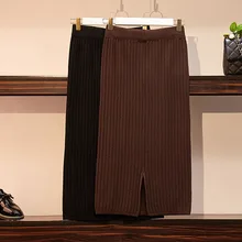 Женская однотонная эластичная трикотажная юбка-карандаш Осенняя зимняя Плюс Размер Повседневная теплая винтажная тонкая юбка миди с длинным разрезом