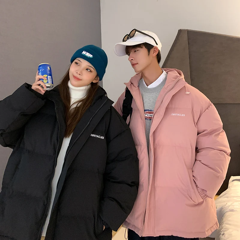 

HAWAIFISH Winter Coat Men Women Thick Warm Parka Stand Collar Coat 2021 Solid Color Cotton Parka Street Jacket