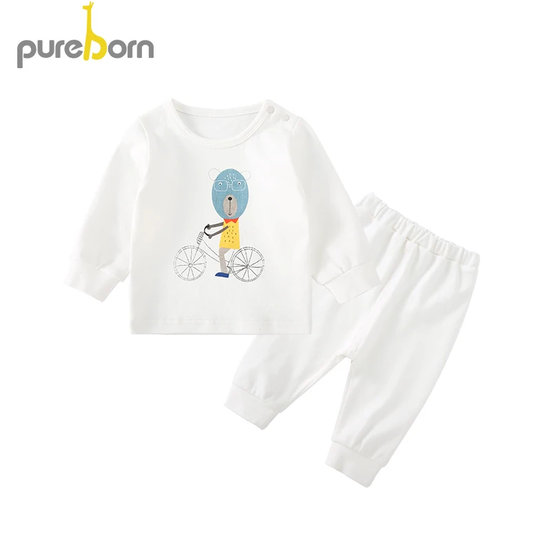 white Pureborn Комплект белья для малышей Пижама для новорожденных хлопок длинный рукав комплект одежды для детей футболка+ брюки 2 шт. одежда унисекс - Цвет: white