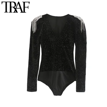 

TRAF Women Vintage Sexy Deep V Neck Sparkly Velvet Bodysuits Fashion Beading Appliques Long Sleeve Female Playsuits Body Femme