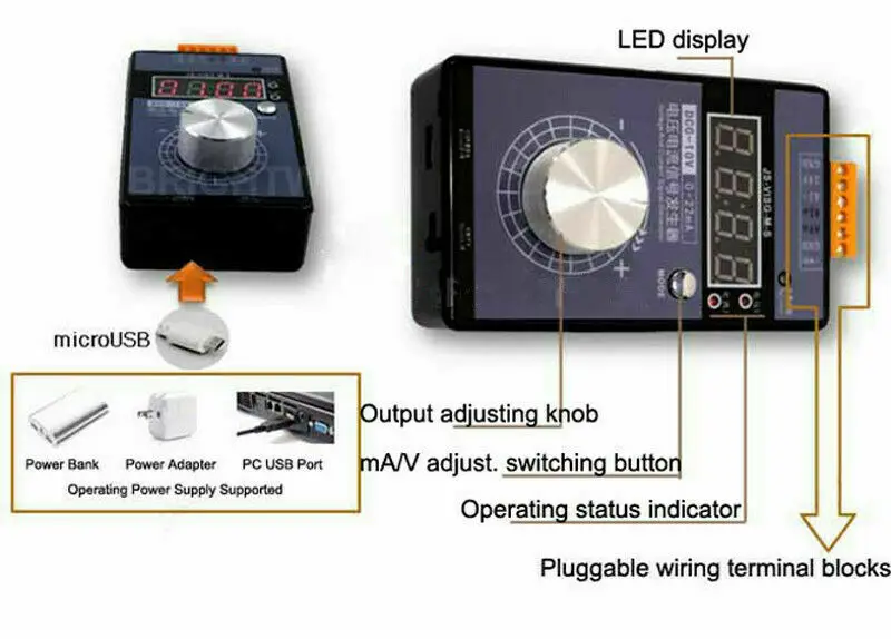 Портативный 0-5V 0-10V 4-20mA генератор с светодиодный дисплей Высокоточный регулируемый генератор сигналов напряжения постоянного тока без батареи