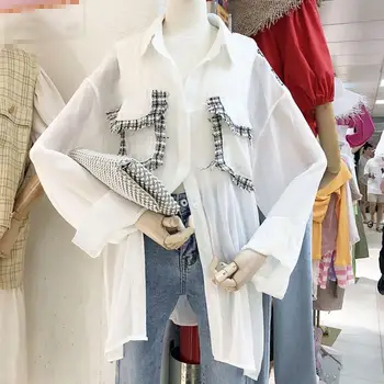

Autumn Turn-Down Collar Long-Sleeved Blouse Loose Fashion Shirt White Patchwork Pockets Blouse