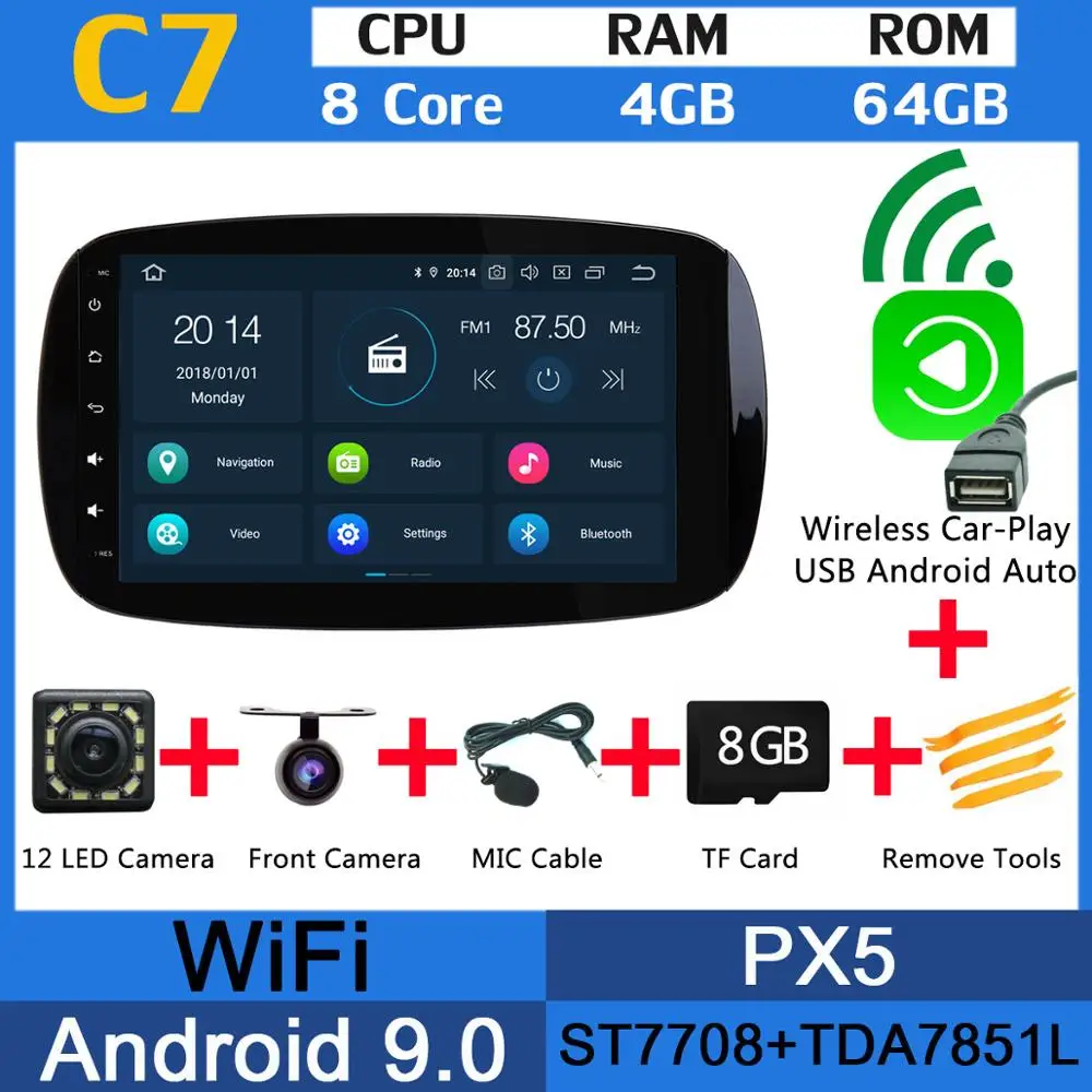 " Android 9,0 PX6 4G+ 64G Автомобильный мультимедийный радиоприемник CarPlay gps DSP плеер для Mercedes Benz Smart Fortwo - Цвет: PX5 Wireless CarPlay