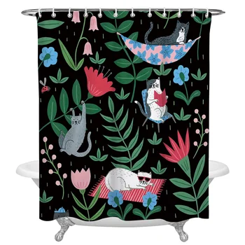 

Green Kitty Flower Print Shower Curtain Waterproof Fabric Shower Curtains Large for Bathroom Accessories Polyester Curtains