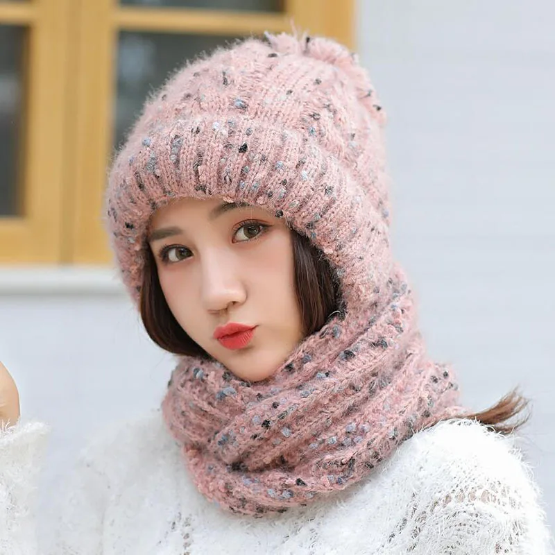 1pc pink Толстые теплые шапочки, наушники, вязаная шапка, шерстяная женская шапка с капюшоном, зимняя шапка, шарф, одна штука - Цвет: 1pc pink