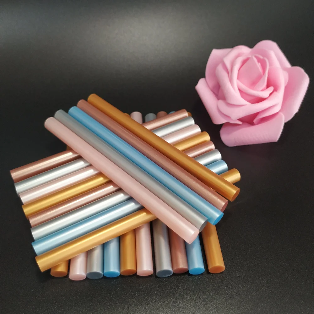 25Pcs Metal Mixed Color Hot Melt Glue Stick Gold & Silver Cherry Blossom Powder Tile Blue Rose Adhesive,Use With Glue Gun 25pcs glue gun hot melt adhesive metal golden silvery wax seal cherry powder pearl blue high viscosity adhesive 7mm