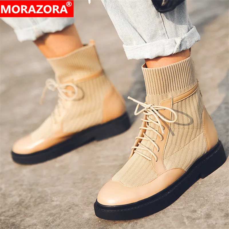 

MORAZORA 2020 new arrival women ankle boots genuine leather lace up elastic fabric autumn short boots simple casual shoes female