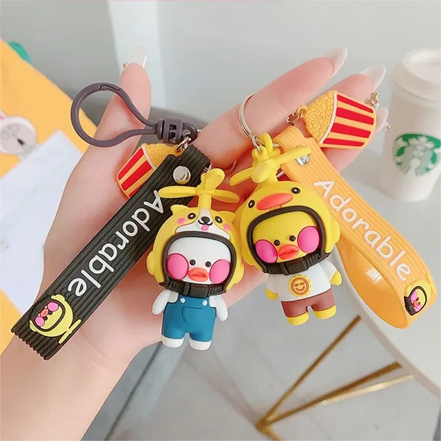 NEW Korean Lalafanfan Duck Keychain with Animal Helmet Little Yellow Duck Figure Keychains Decor Cute Ducks Doll Toys Kids Gifts 2