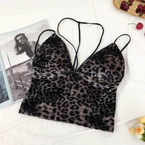 099grey Leopard Бретели майки Для женщин в Корейском стиле; короткие бархатные слинг с леопардовым принтом Креста с низким вырезом на спине стрейчевая майка, топ бюстгальтер Женские вечерние застежкой-молнией на спине - Цвет: 099grey Leopard