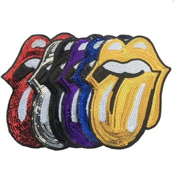 

Parch New Red/Blue/Purple/Black/Purple/Silver/Gold Tongue Sequins Patches for Clothes Jacket Big Lips Sequined Sew Iron on Patch