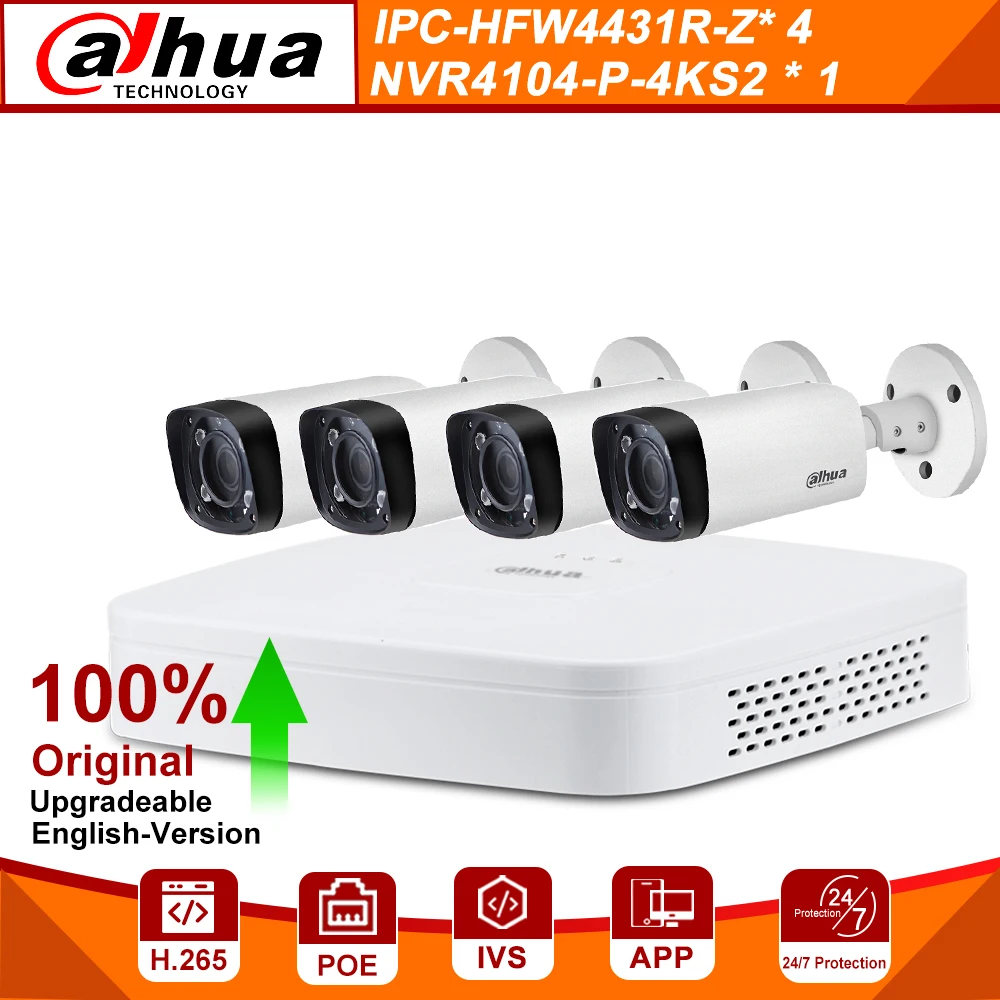 Dahua 4MP 4 + CCTV камеры безопасности Kits Оригинальный NVR NVR4104 P 4KS2 IP камера IPC HFW4431R Z