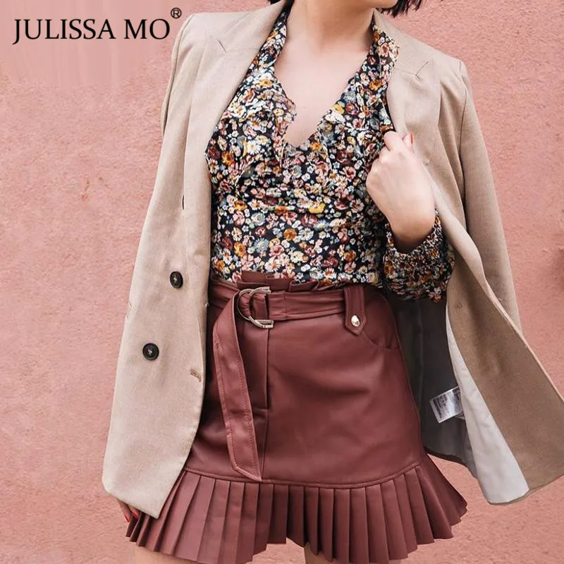 Julissa mo, черный пояс, искусственная кожа, юбки, зимние, элегантные, с оборками, высокая талия, а-силуэт, юбки, женская мода, плиссированная юбка из искусственной кожи