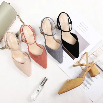 

2020 New Style Spring Autumn Fashion Lady Woman Fine Elegant Flock PU Square Heel Sandals