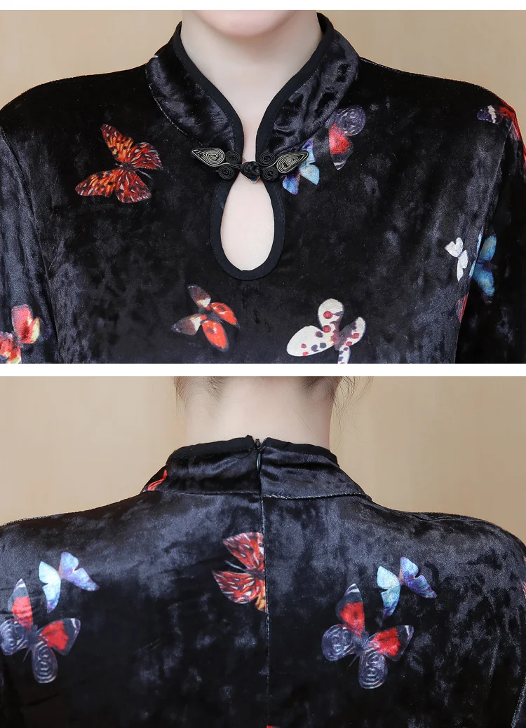 Большой размер Cheongsam молодой принт китайский стиль рукава улучшенная версия платья бархат cheongsam длинная секция