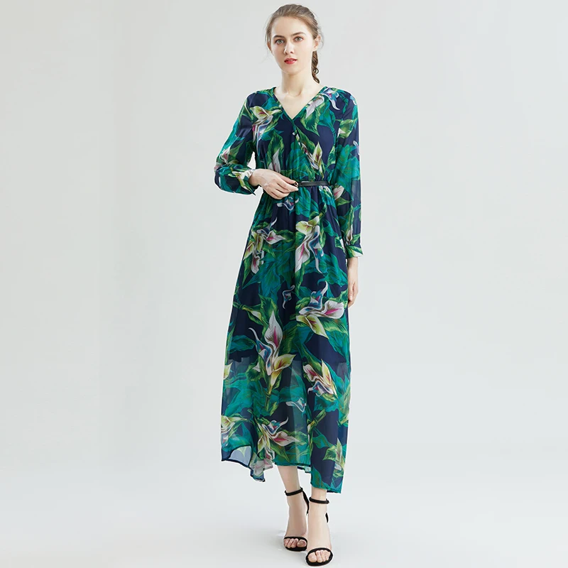 

Runway Spring Summer Green Floral Beach Long Dress Women Long Sleeve V-Neck Charming Flower Elegant Chiffon Maxi Dress With Belt