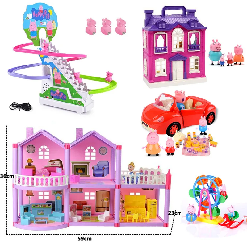 

Peppa Pig George Track Sound Light Climbing stairs PVC Blue toys car pink house Cartoon Family Friend Action Figure Toy gift