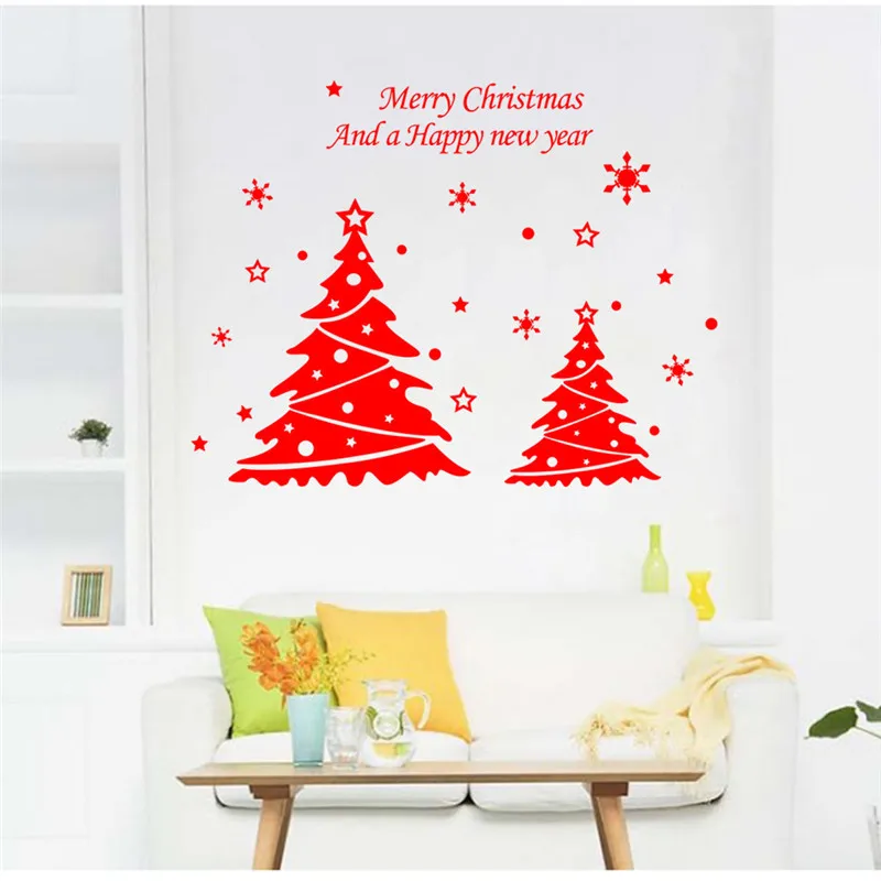 Christmas Tree With Snowflake Stars Wall Stickers For Store Office Home Decoration Vinyl Decal Xmas Festival Mural Art | Дом и сад