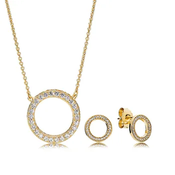 

2018 NEW 100% 925 Sterling Silver Shine Gold Forever Necklace and Earring Set Fit European Girl Charm Original DIY Jewelry Gift