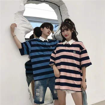 

ZHIJING Summer Short Sleeve Men's T-shirt Students Couple Clothes Fold-down Collar Half-sleeve Shirt Men T Shirt