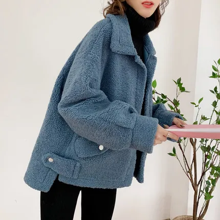 blue Женское пальто из овечьей шерсти,, Осень-зима, новое, свободное, толстое, из шерсти ягнёнка, кашемир, пальто, куртка, плюс размер, однотонная женская короткая верхняя одежда - Цвет: blue