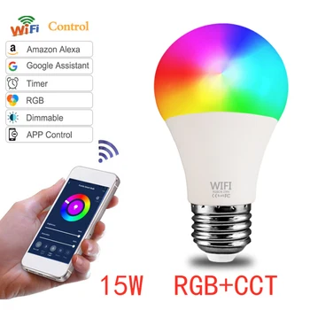 

15W 110-220V WiFi Smart Light Bulb B22 E27 LED RGB Lamp Work With Alexa/Google Home RGB+White Dimmable Timer Function Magic Bulb