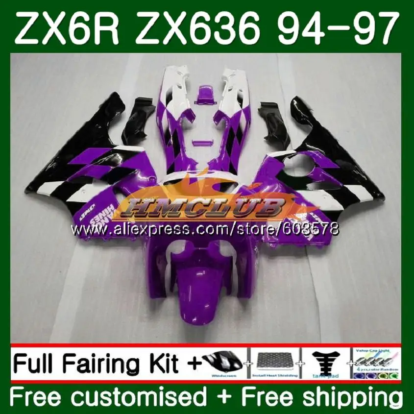 Корпус для KAWASAKI ZX 636 600CC ZX-636 ZX6R 94 95 96 97 104CL. 67 ZX636 ZX-6R ZX600 ZX 6R 1994 1995 1996 1997 фиолетовый черный обтекатель