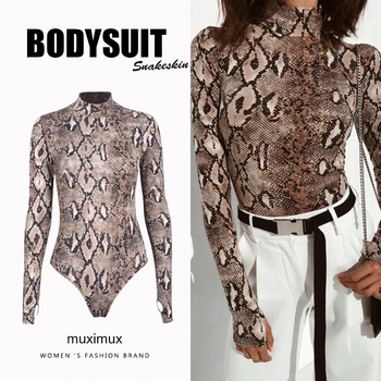 

2020 Winter Women Streetwear Sexy Snakeskin Printed Bodysuit Autumn Fashion Long Sleeve Short Jumpsuit Women Female