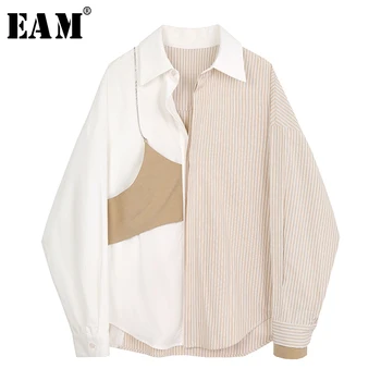 [EAM] Women Khaki Striped Split Big Size Blouse New Lapel Long Sleeve Loose Fit Shirt Fashion Tide Spring Autumn 2021 1Y913 1