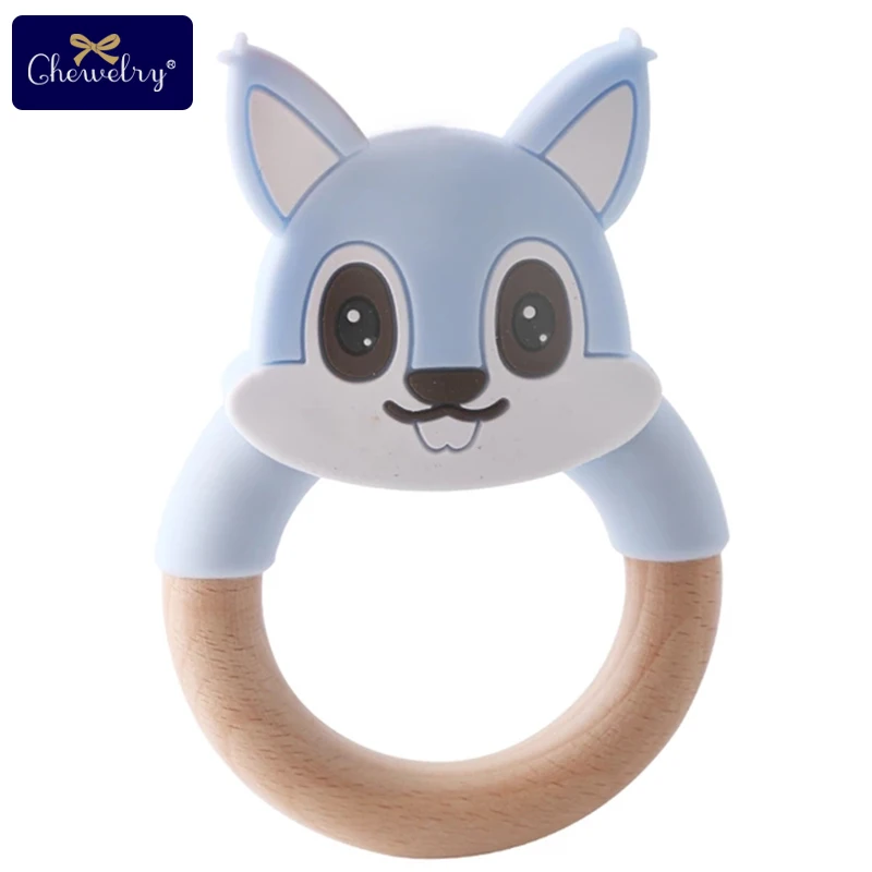 Blue Squirrel 1 шт. зубное кольцо для младенцев из бука деревянный грызунок силиконовый Прорезыватель "Слон" коляска детская погремушка для кормления браслет игрушки для детского продукта - Цвет: Blue Squirrel