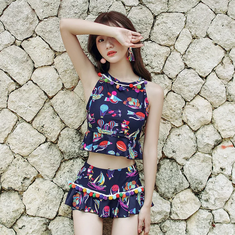 

Push up Women's Split Type Conservative Skirt 2019 New Style Students Small Bust Swimsuit Slimming GIRL'S Bubble Sleeveless Tour