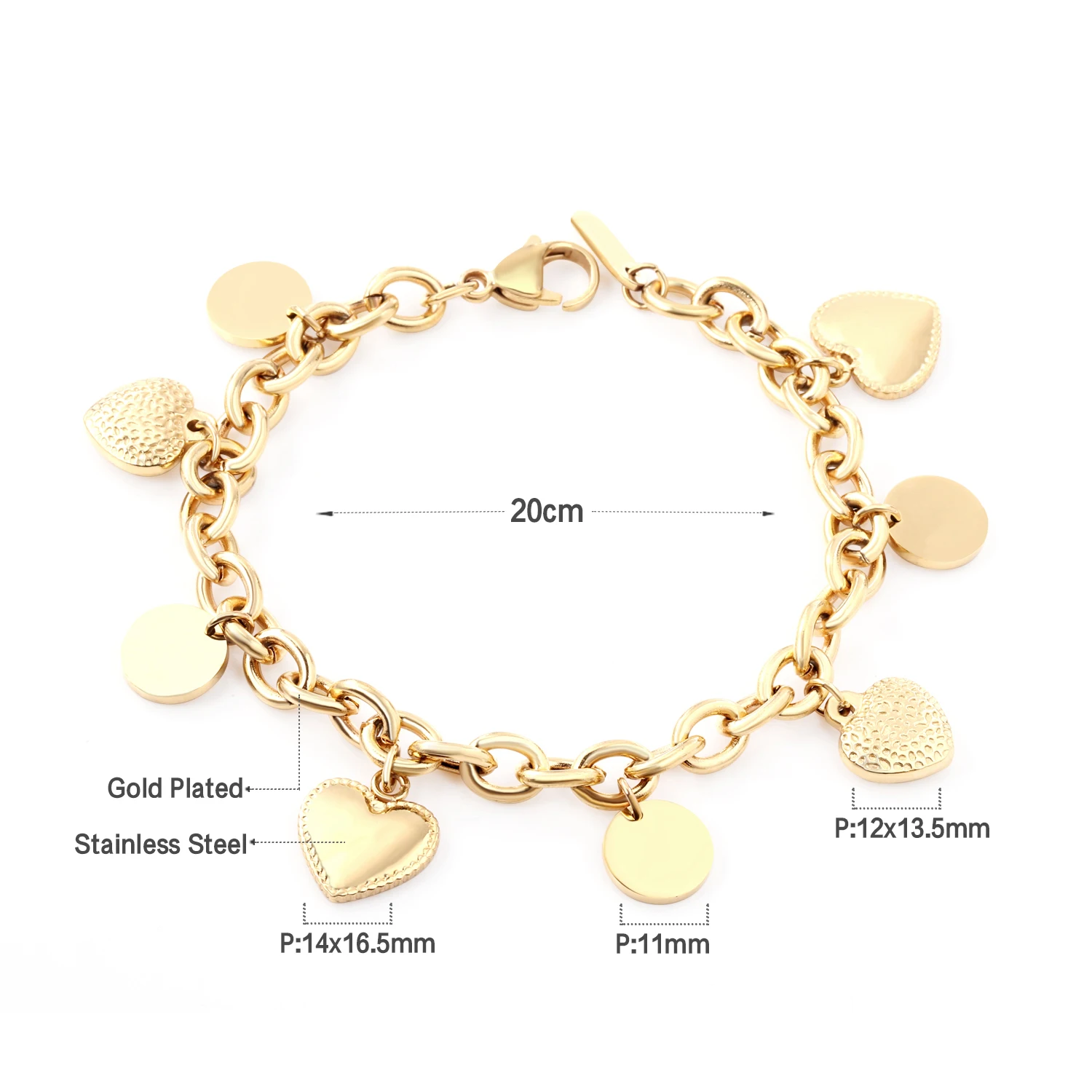 Stainless Steel Heart Coin Charm Bracelet for Women Girl Golden Color Cuban Link Chain Bracelet Jewelry Gift 20cm chain bracelet stainless steel bracelets charm bracelet stainless steel jewelry