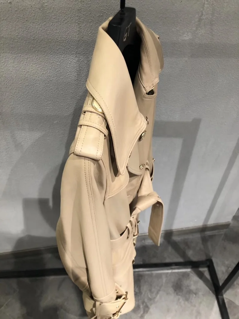 Женская куртка из натуральной кожи; большие размеры; длинное пальто из натуральной овечьей кожи; двубортное пальто в английском стиле; коллекция года; модное кожаное пальто