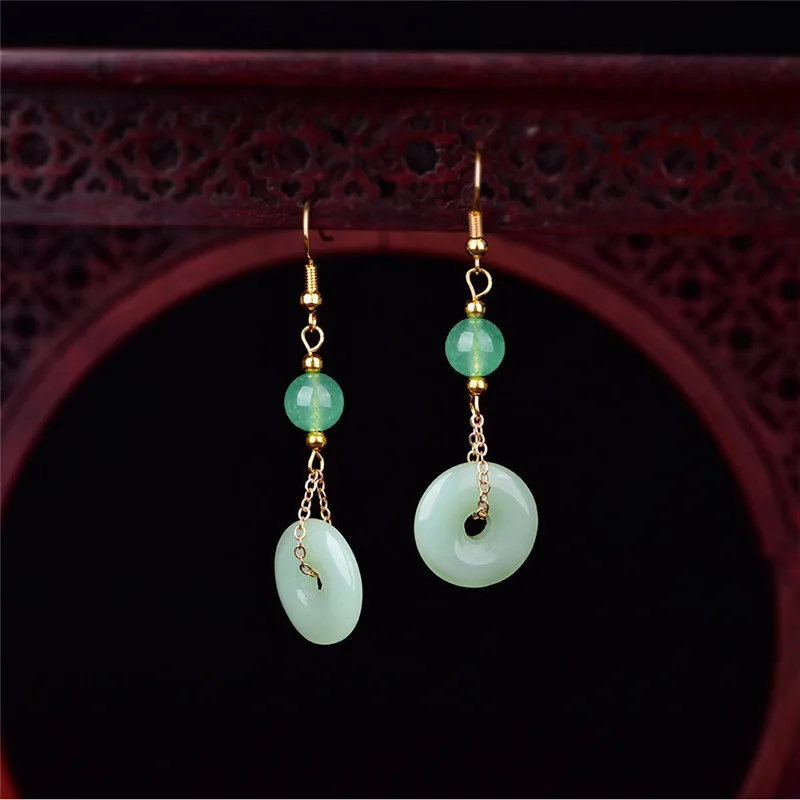 Classic Retro Earrings Luxury Green Jade Round Glass Ethnic Earrings For Women Vintage Fashion Korean Style Long Dangle Earrings