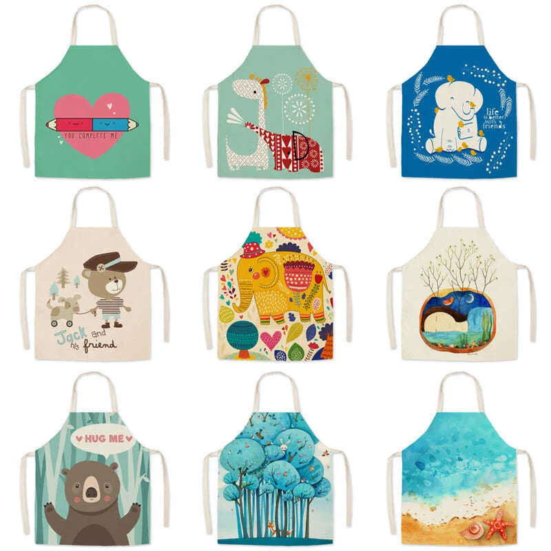 

High Quality Cute Anti-greasy Kitchen Aprons for Cooking Sleeveless Cotton Linen Aprons Adult Bibs Home Cleaning Accessories P2