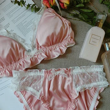 

Sweet Cute Pink Bra and Panty Set Lolita Lace Underwear Women Girls Nightwear Korean Japanese School Girl Bras Panties Thong New