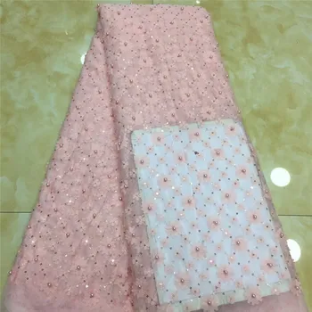 

2019 pink High Quality French 3D Tulle Beaded African Lace Fabric Sequins Embroidered Nigerian Lace Fabrics For Wowen Dress