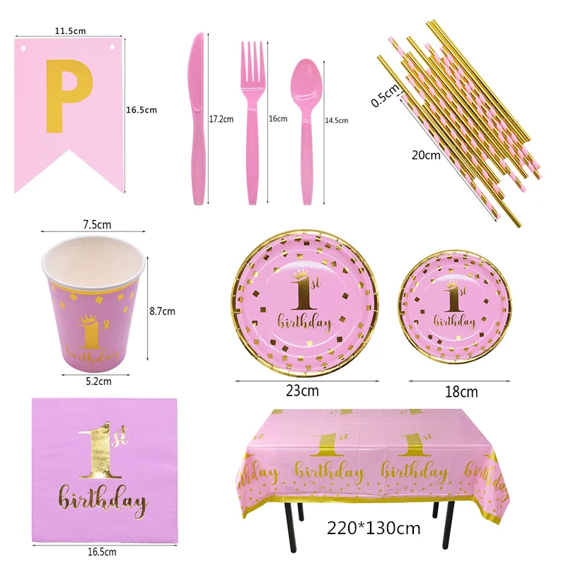 1st Birthday Party Supplies Pink Blue Paper Plates Cups Straws Disposable Tableware Banner Gender Reveal Baby Shower Party Decor