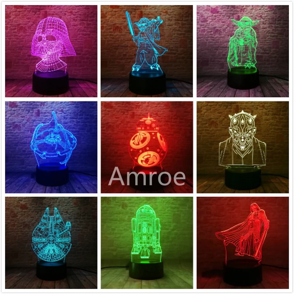 

Cool Christmas Gifts Star Wars Legends BB Black Jedi Knight Darth Vader R2D2 Warship Rocket 7 Colors Change LED Boys Toys Decor