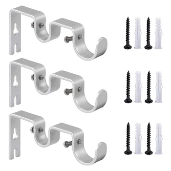

3Pcs/Set Curtain Rod Brackets Heavy Duty Double Rod Holders Durable Metal Curtain Rod Wall Brackets with Screw Silver