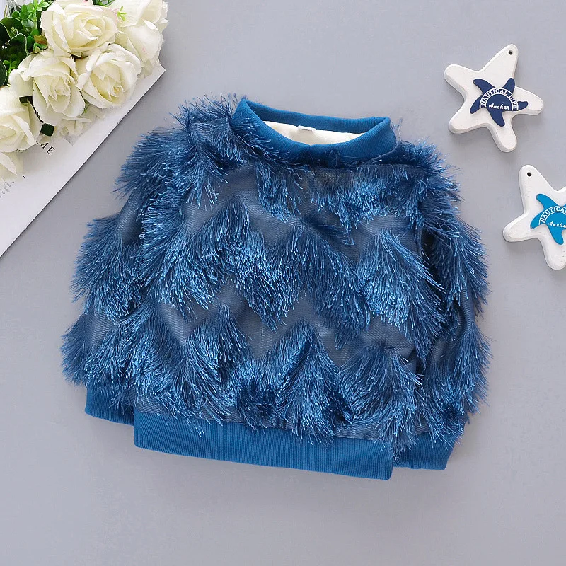 NavyBlue Свитер для девочек; сезон осень-зима; модные детские топы из плотного бархата для маленьких девочек; Детская меховая одежда; вязаный пуловер для малышей - Цвет: NavyBlue