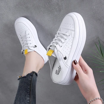 

Shoes Woman 2020 Woman's Slippers Cover Toe Platform Med Loafers New Flat Summer Slides Cross-tied PU Rubber Bonded Leather