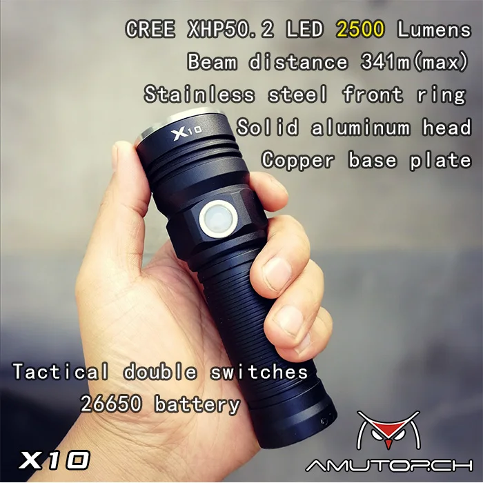 Amutorch новейший X10 XHP50.2 светодиодный 2500 люмен мощный и твердый 26650 светодиодный фонарик, тактический двойной переключатель