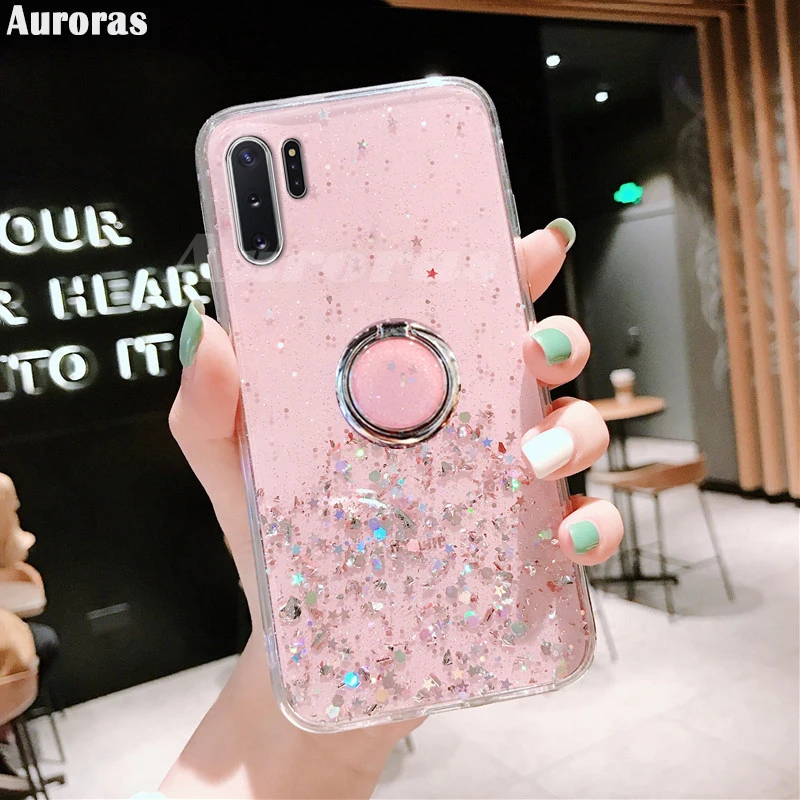 Auroras для samsung Galaxy Note 8, 9, 10 Plus, блестящий чехол с блестками, звездное небо, прозрачный, мягкий чехол, полная звезда, луна - Цвет: Pink (With Ring)
